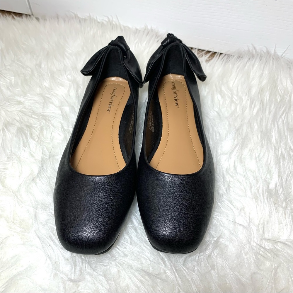 Comfortview Delia Black Ballet Flats Slip On Bow Vegan Leather 8.5 WW NEW
